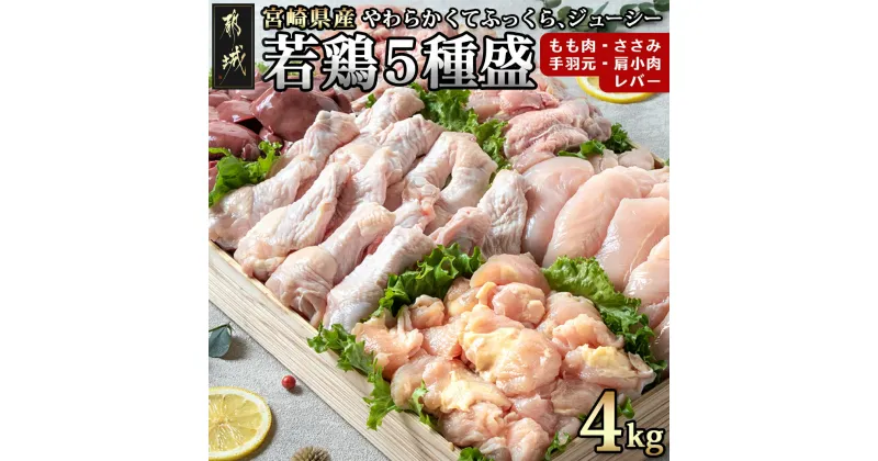 【ふるさと納税】宮崎県産若鶏 5種盛4kgセット – 鶏肉 モモ ささみ 手羽元 各1kg 肩小肉 レバー 各500g 冷凍 送料無料 AA-G302【宮崎県都城市は2年連続ふるさと納税日本一！】