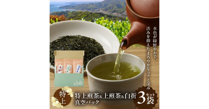 【ふるさと納税】お茶 特上 3種類 各 1袋 × 100g セット 特上煎茶 上煎茶 白折 真空パック 煎茶 深蒸し茶 ブレンド まろやかなコク 深み 緑茶 日本茶 茶葉 贈答 贈り物 ギフト 北浦農業公社 お取り寄せ 宮崎県 延岡市 送料無料