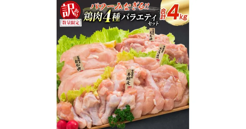 【ふるさと納税】訳あり 数量限定 鶏肉 4種 バラエティ セット 合計4kg 国産 おかず 食品 チキン もも肉 むね肉 手羽元 ささみ 詰め合わせ グルメ お弁当 人気 おすすめ おつまみ 高タンパク質 唐揚げ から揚げ チキン南蛮 サラダ 万能食材 大容量 宮崎県 日南市 送料無料