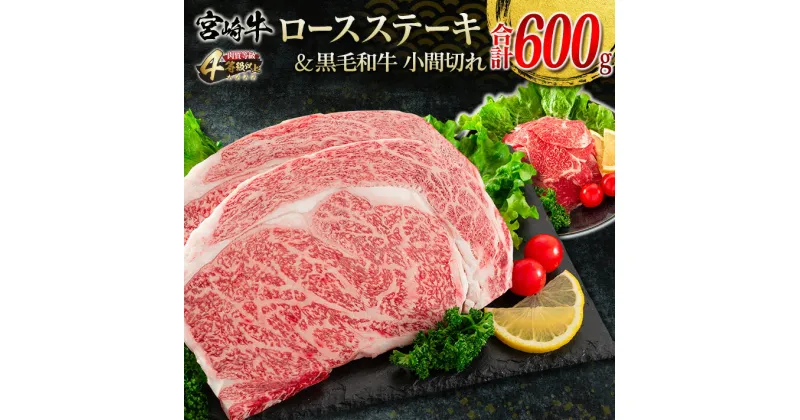 【ふるさと納税】宮崎牛 ロース ステーキ 黒毛和牛 小間切れ セット 合計600g 牛肉 ビーフ 国産 万能食材 ブランド牛 おかず お弁当 おつまみ 食品 おすすめ 焼肉 バーベキュー 鉄板焼き 高級 ご褒美 お祝 記念日 お取り寄せ グルメ 冷凍 詰め合わせ 宮崎県 日南市 送料無料