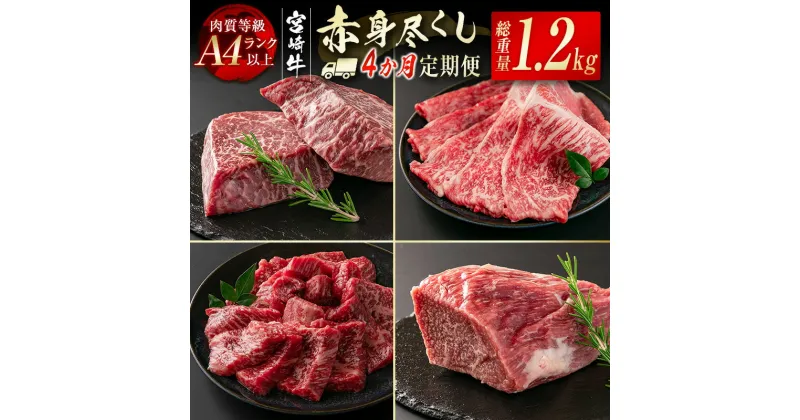 【ふるさと納税】『定期便』「宮崎牛」赤身定期便 4ヶ月（合計1.2kg）黒毛和牛 牛 肉 牛肉 国産 ふるさと納税 黒毛和牛 数量限定 赤身スライス ステーキ ブロック 焼肉 W