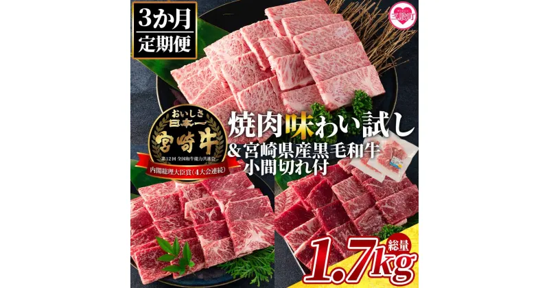 【ふるさと納税】＜【3ヶ月定期便】総重量1.7kg 宮崎牛焼肉味わい試し 宮崎県産和牛小間切れ付き＞国産 九州産 牛肉 焼き肉 BBQ バーベキュー ロース ウデ モモ セット 小分け 個包装 プレゼント【MI241-my】【ミヤチク】