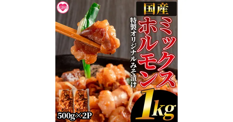 【ふるさと納税】【数量限定】＜国産牛ミックスホルモン みそ漬 合計1kg(500g×2パック)＞国産 牛肉 肉 ホルモン モツ 大腸 冷凍 焼肉 BBQ もつ鍋 煮込み 小分け 焼くだけ 簡単 タレ漬け 簡易包装【MI288-hr】【肉の豊楽】