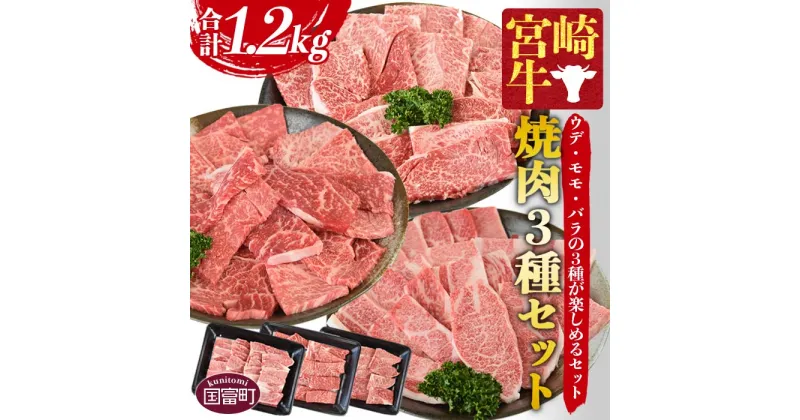 【ふるさと納税】＜宮崎牛 焼肉 3種セット（ウデ・モモ・バラ）合計1.2kg＞※入金確認後、1か月以内に順次出荷します。牛肉 黒毛和牛 ブランド牛 うで 4等級以上 高級 国産 赤身 食べ比べ お取り寄せグルメ お祝い 特産品 ミヤチク 宮崎県 国富町【冷凍】