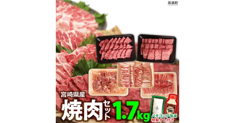 【ふるさと納税】＜宮崎県産焼肉セット1.7kg＋タレ＆塩＞ ※3か月以内に順次出荷します！ 牛肉 豚肉 鶏肉 焼き肉 パタゴニア湖塩 宮崎牛 ブランド豚 特産品 牛乃屋 キャンプ 宮崎県 高鍋町 【冷凍】