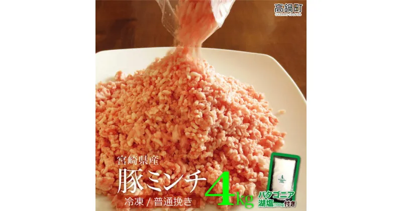 【ふるさと納税】＜宮崎産豚ミンチ4kg＋塩＞※3か月以内に順次出荷します！ 500g×8 豚肉 4,000g ひき肉 挽き肉 挽肉 バラ凍結 ジップ袋 チャック付き袋 パタゴニア湖塩 特産品 宮崎県 高鍋町 【冷凍】