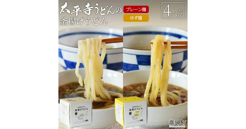 【ふるさと納税】＜太平寺うどんの釜揚げうどん プレーン麺（2人前）×ゆず麺（2人前）セット＞※入金確認後、翌月末迄に順次出荷します。 麺類 ゆず胡椒 天然だし 無添加 保存食 備蓄 お土産 宮崎県 高鍋町【冷凍】