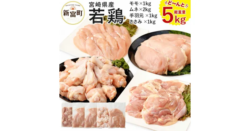 【ふるさと納税】宮崎県産 若鶏5kgセット 鳥肉 もも肉 1kg むね肉 2kg ささみ 1kg 手羽元1kg 国産 送料無料 ※90日以内出荷