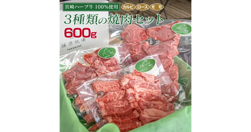 【ふるさと納税】宮崎ハーブ牛 合計約600g 3種類の焼肉セット 宮崎県産 国産 九州産 冷凍 牛肉 ハーブ 焼肉 カルビ ロース モモ 各約200g×3パック 赤身 送料無料