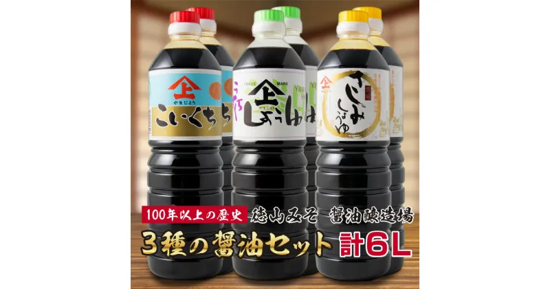 【ふるさと納税】3種の醤油 6本セット 各1L 合計6L「100年以上の歴史」徳山みそ・しょうゆ醸造場 こいくち醤油 うすくち醤油 さしみ醤油 九州産 濃口 薄口 刺身 調味料 詰め合わせ 送料無料