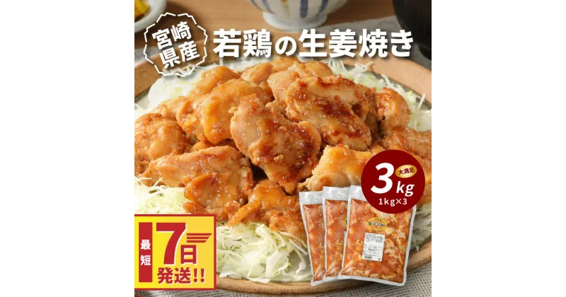 【ふるさと納税】【レビューキャンペーン対象】宮崎県産若鶏の生姜焼き 3kg – 国産若鶏 しょうが焼き 味付け肉 焼くだけ 粗挽き生姜 肩肉 和食 おかず お惣菜 お弁当 1kg×3P カット済み チキン 真空包装 スピード配送便 送料無料 【宮崎県木城町】