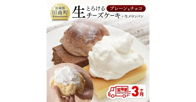 【ふるさと納税】 定期便 チーズ ケーキ 生クリーム メロンパンチーズケーキ セット 人気の新食感とろける生チーズケーキ（プレーン・チョコ）+メロンパン定期便3ヶ月コース おうち時間 お取り寄せ 送料無料 川南町 G2701