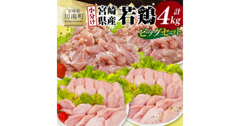 【ふるさと納税】【 小分け 】 宮崎県産 若鶏 4kg ビッグ セット – もも むね ささみ 鶏肉 とり肉 D11613