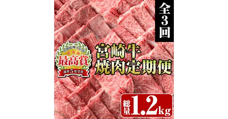 【ふるさと納税】＜定期便・全3回(連続)＞宮崎牛焼肉定期便(総量1.2kg) 牛肉 もも 肉 焼肉 肩ロース ウデ BBQ 精肉 お取り寄せ 黒毛和牛 ブランド和牛 冷凍 国産【R-83】【ミヤチク】