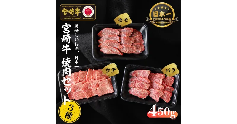 【ふるさと納税】宮崎牛 焼肉セット (ウデ、バラ、モモ) 450g S-22