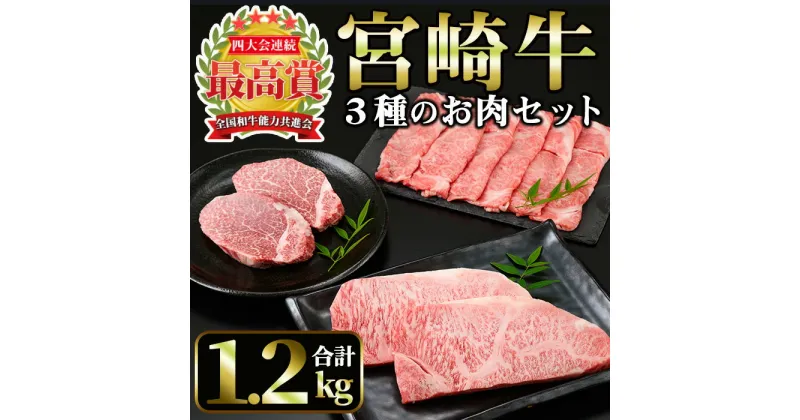 【ふるさと納税】宮崎牛 3種のお肉セット(合計1.2kg・ヒレ、ロース、肩ローススライス)国産 宮崎県産 宮崎牛 牛肉 霜降り A4 和牛 ブランド牛【MI014】【(株)ミヤチク宮崎加工センター】