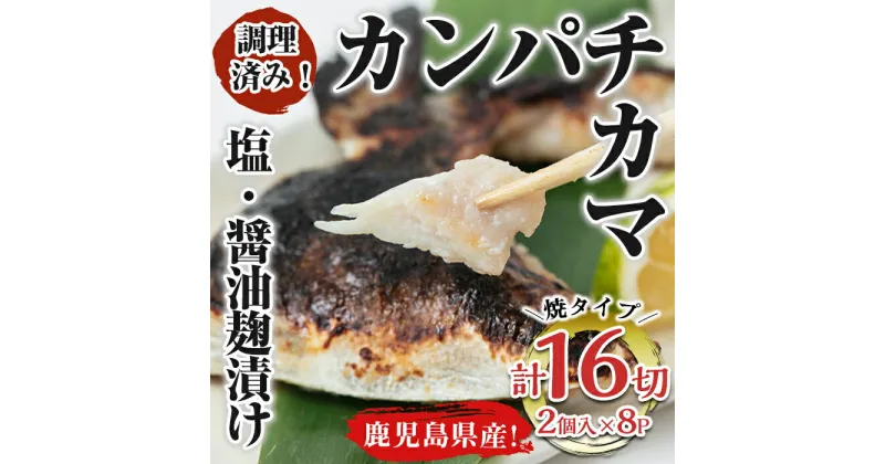 【ふるさと納税】 調理済み！カンパチカマ塩・醤油麹（こうじ）漬け16切［焼タイプ］ 海産物 魚介 カンパチ カマ 焼き 味付き レンジ 調理済み 冷凍 国産 鹿児島産【錦江の恵屋】