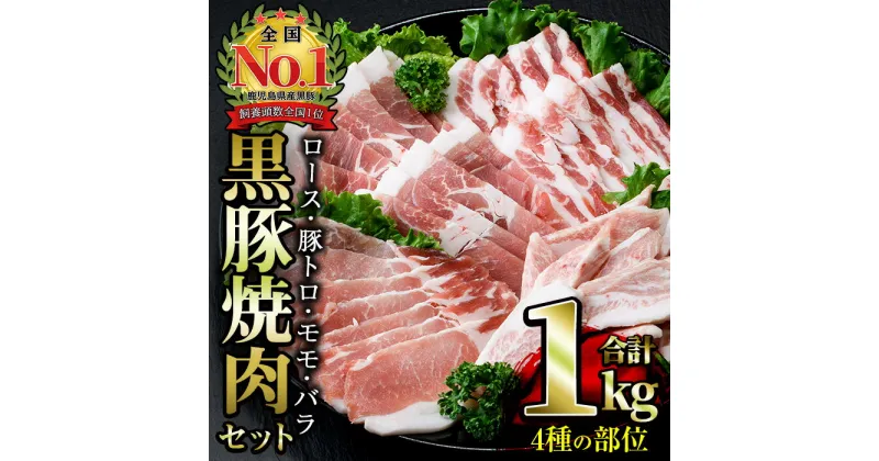 【ふるさと納税】鹿児島県指宿産かごしま黒豚の焼肉バラエティセット(4種・合計1kg) 鹿児島 黒豚 豚肉 豚 肉 ロース 豚トロ トントロ モモ バラ 焼肉 焼き肉 セット 詰合せ 冷凍【岡村商店】